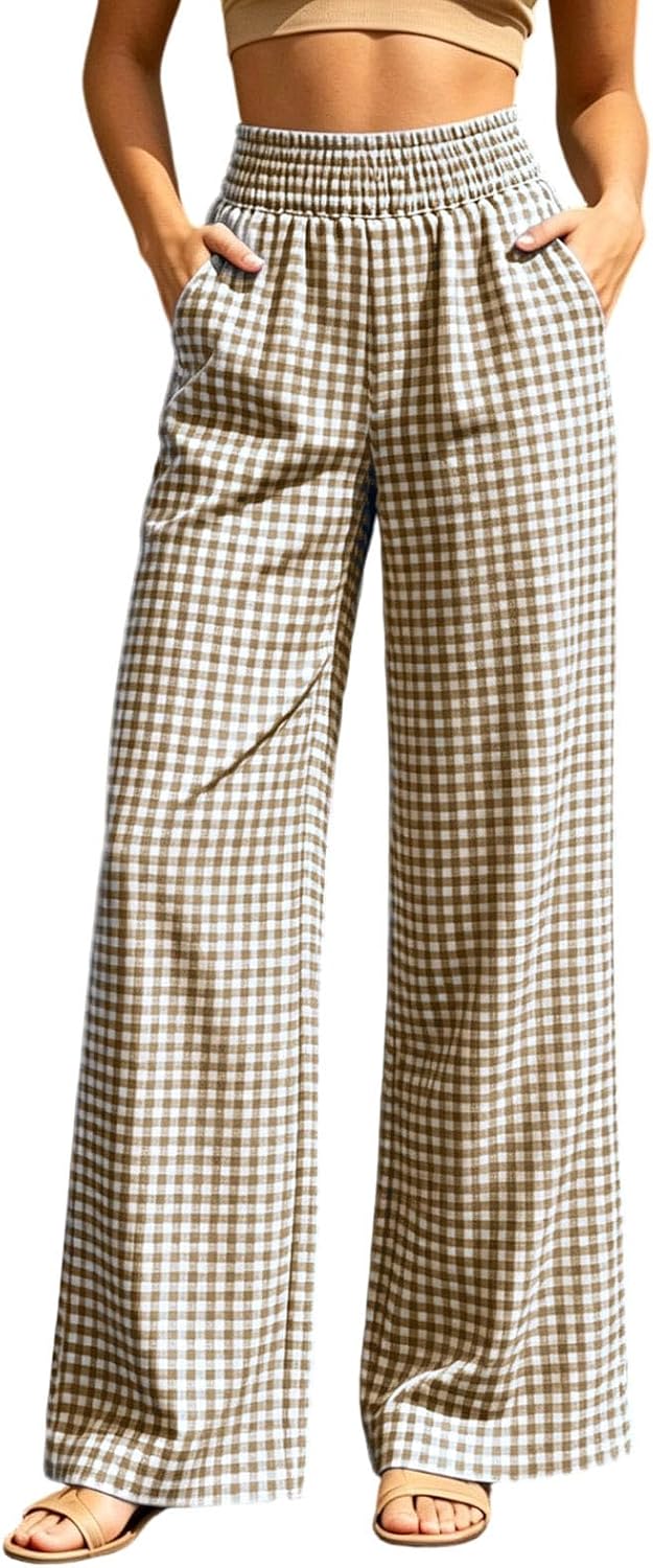 Womens Gingham Pants Plaid Wide Leg Summer Lightweight Palazzo Pants Lounge Loose Fit Beach Trousers with Pockets