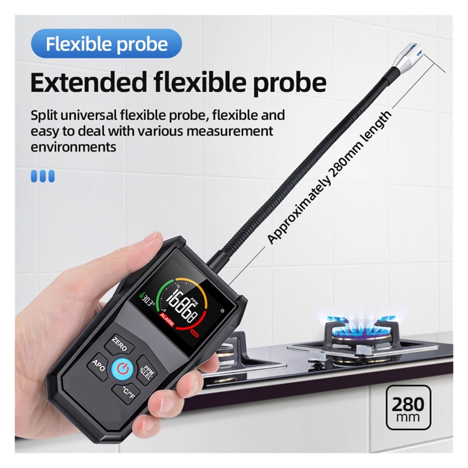 Analizador de Combustión, Detector de gas combustible Probador de fugas de gas de alta precisión VA Pantalla inversa Alarma de luz y sonido Monitor de gas inflamable