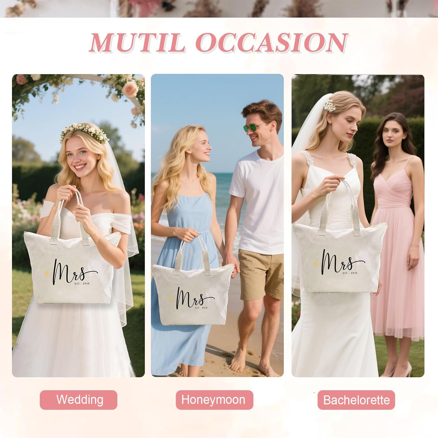 CARAKNOTS Mrs. Bag 2026 Future Mrs Bride Gifts for Wedding Engagement Bachelorette Party Honeymoon Bridal Shower Gifts for Bride to Be Tote Canvas Cotton Beach Shoulder Bag with Zipper and Pocket - Image 8