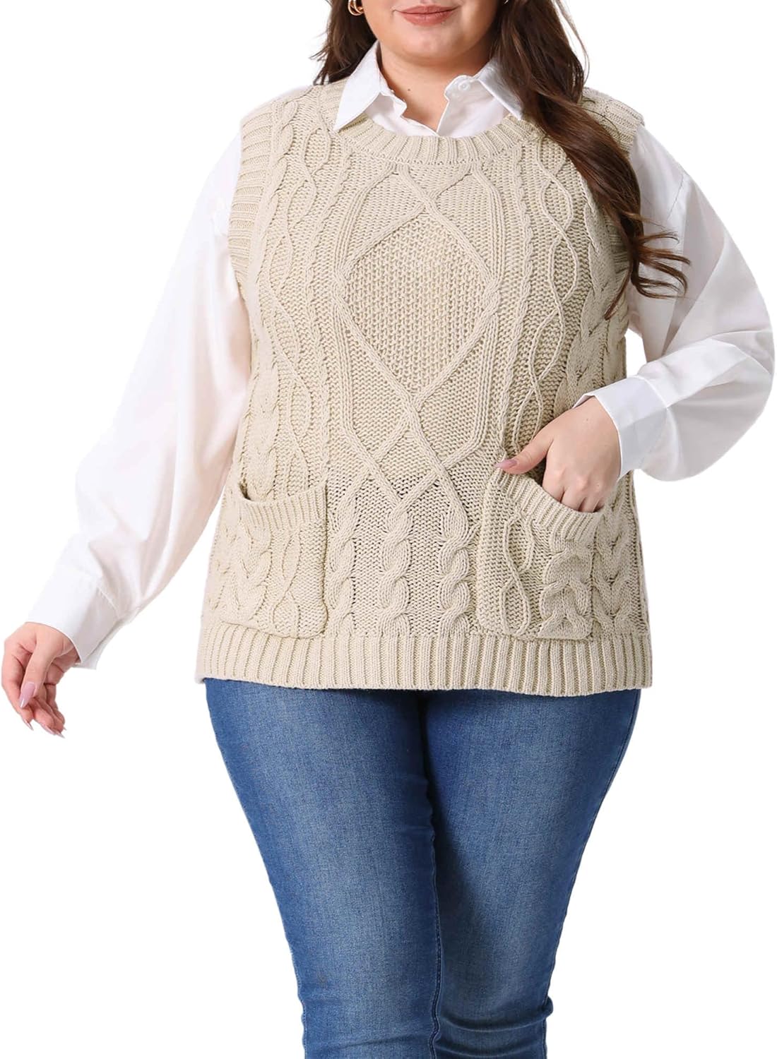 Agnes Orinda Plus Size Sweater Vest for Women Knitted Crew Neck Sleeveless Pocket Pullober Sweater Tops