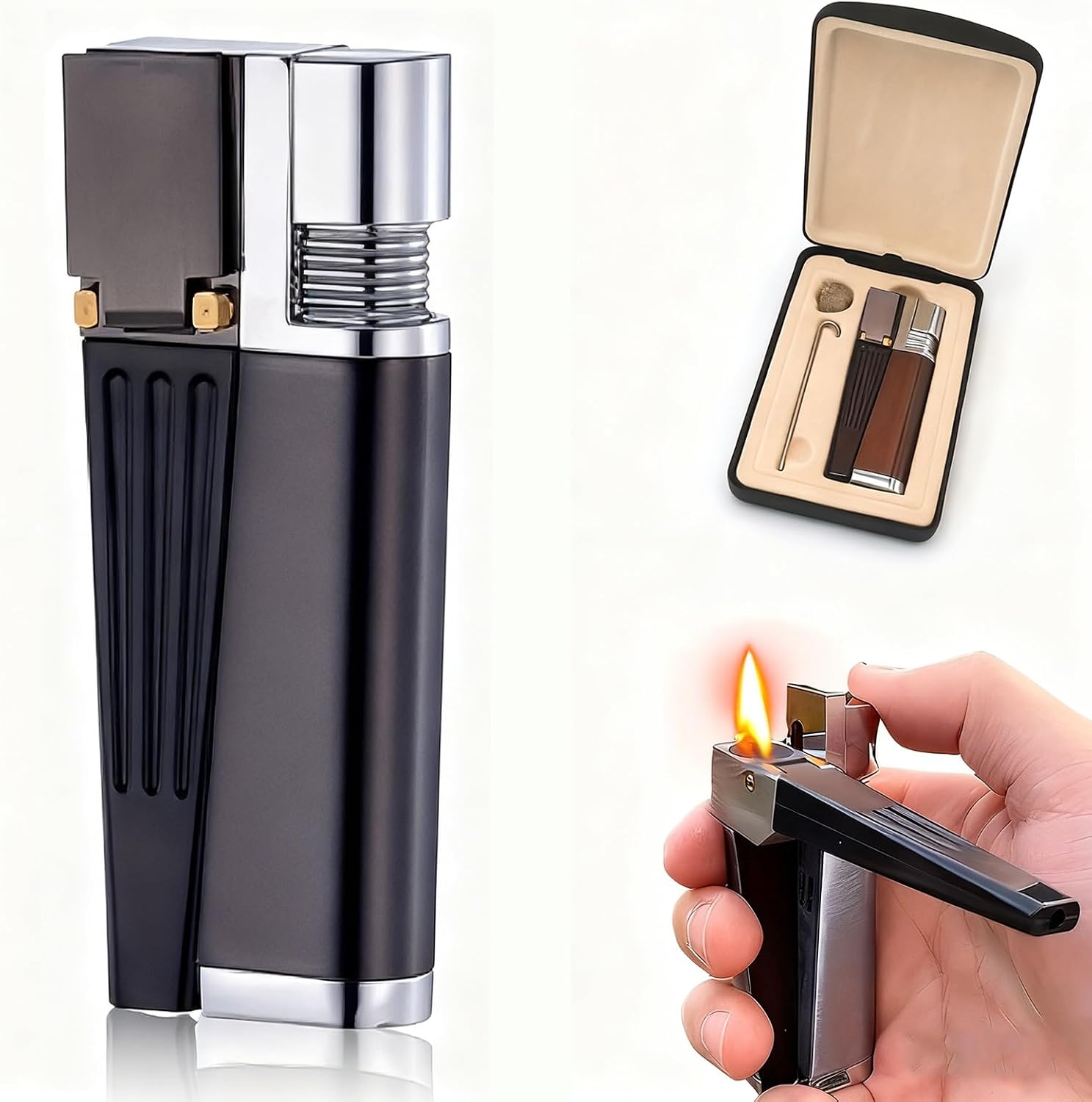 2-in-1 Retro Foldable Lighter with Leather Gift Box, Soft Flame, All-in-One Portable, Refillable Metal Folding Butane Lighter, Gift for Men and Women (Black-1pc)
