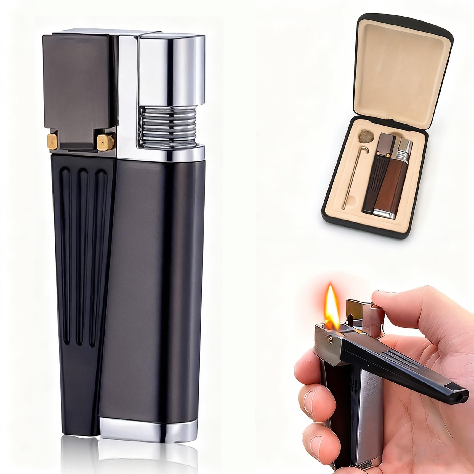 2-in-1 Retro Foldable Lighter with Leather Gift Box Soft Flame All-in-One Portable Refillable Metal Folding Butane Lighter Gift