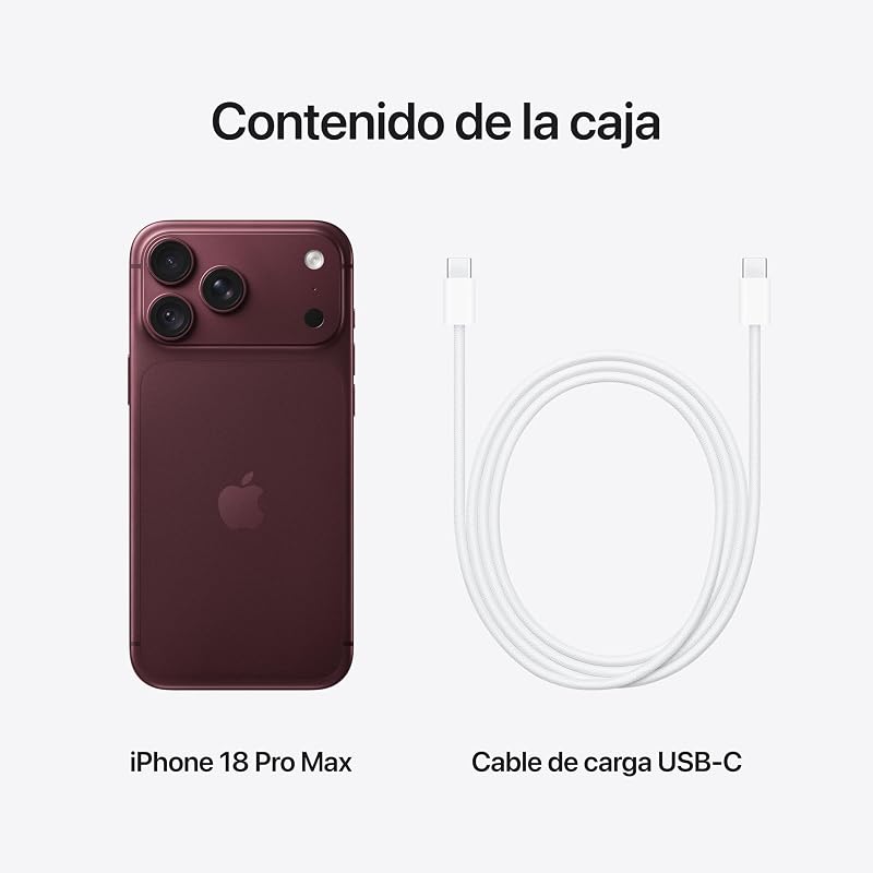 Contenido de la caja: iPhone 18 Pro Max burdeos y cable de carga USB-C