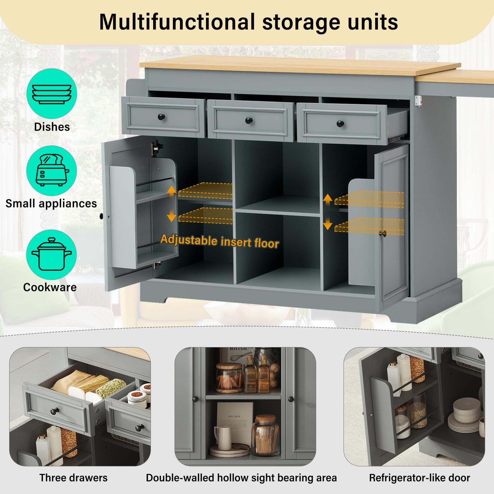 YEHTOKHOME - Tavolo da cucina espandibile a isola, 112-188 cm, tavolo da pranzo grigio con 3 ripiani e carrello per 4-6 persone, perfetto per sala da pranzo e intrattenimento