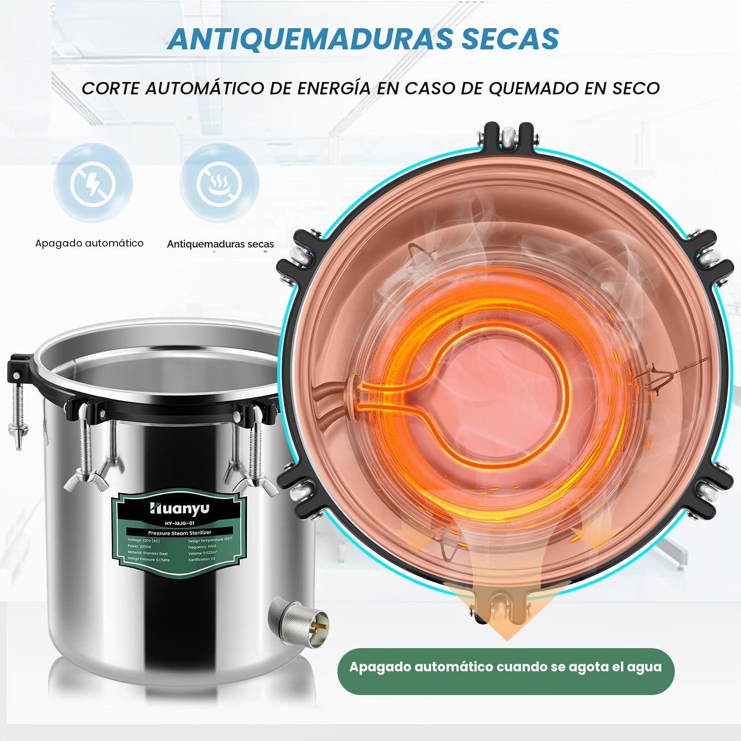 Huanyu 18L Autoclave Esterilizador con Válvula de Desinflado y Válvula de Seguridad Autoclave de Vapor de Laboratorio Antiquemaduras Esterilizador de Vapor de Alta Presión para Hospitales
