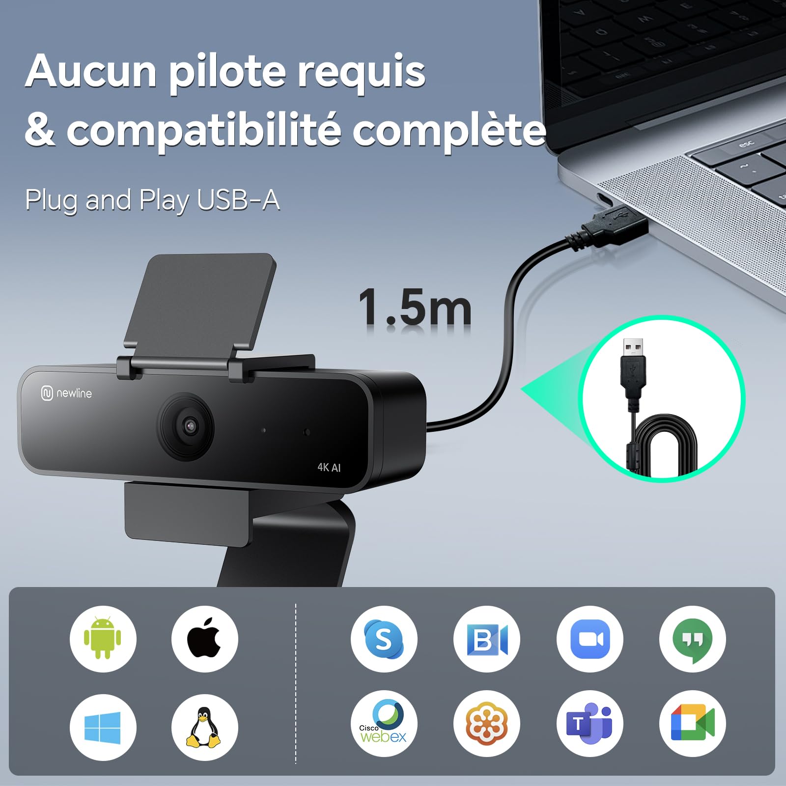 NewlineWork Webcam PC 4k avec Microphone antibruit, 3 Modes AI et 2 contrôles gestuels, Champ de Vision Multiple, USB 4k caméra pour PC Mac Laptop, vidéoconférence, Streaming