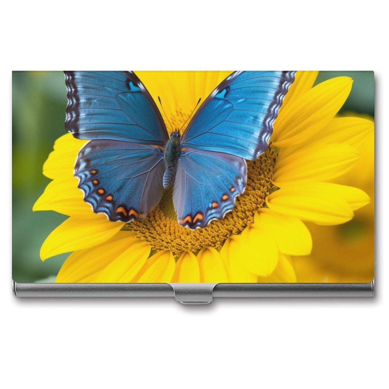 BTCOWZRV Sunflower Blue Butterfly Business Card Holder Metal Slim Business Card Case, Pocket Card Holder for Men Women Purse Name Card Holder Stainless Steel Wallet Credit ID Case for Office