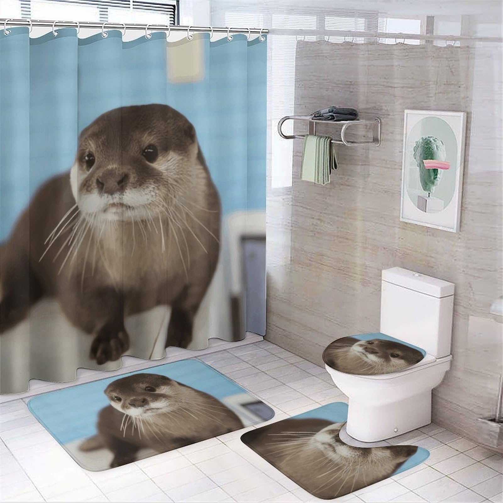 Rideaux de douche anti-moisissure loutre et tapis de bain de sécurité