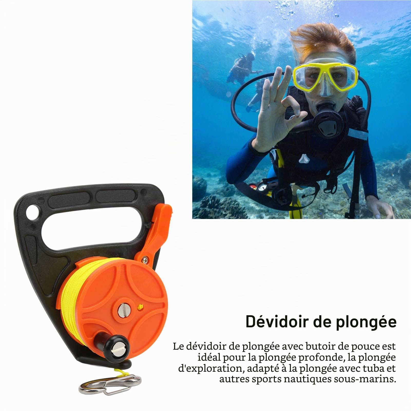 BuyWeek Moulinet de Plongée avec 46m Ligne, Moulinet de Plongée Sous Marine avec Bouchon de Pouce Crochets, Moulinet de Pêche pour Plongée en Apnée, Sports Nautiques Sous Marins (Orange)
