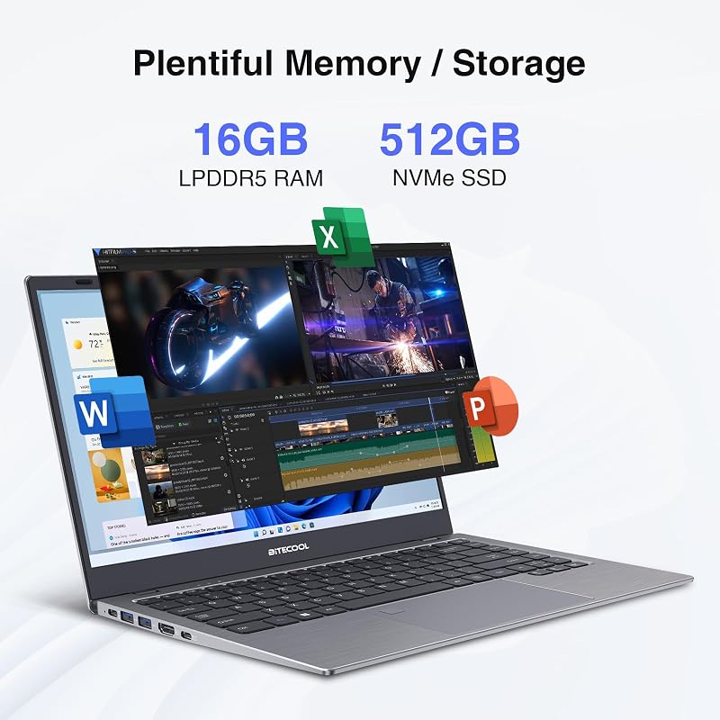 BiTECOOL 14-inch Win 11 Laptop Computer, 16GB RAM 512GB NVMe SSD Laptop, Core N95 Processor up to 3.4GHz, FHD IPS Display, 2.4G/5G WiFi, BT 5.0, RJ45, Type C, Webcam and Fingerprint Reader image 2