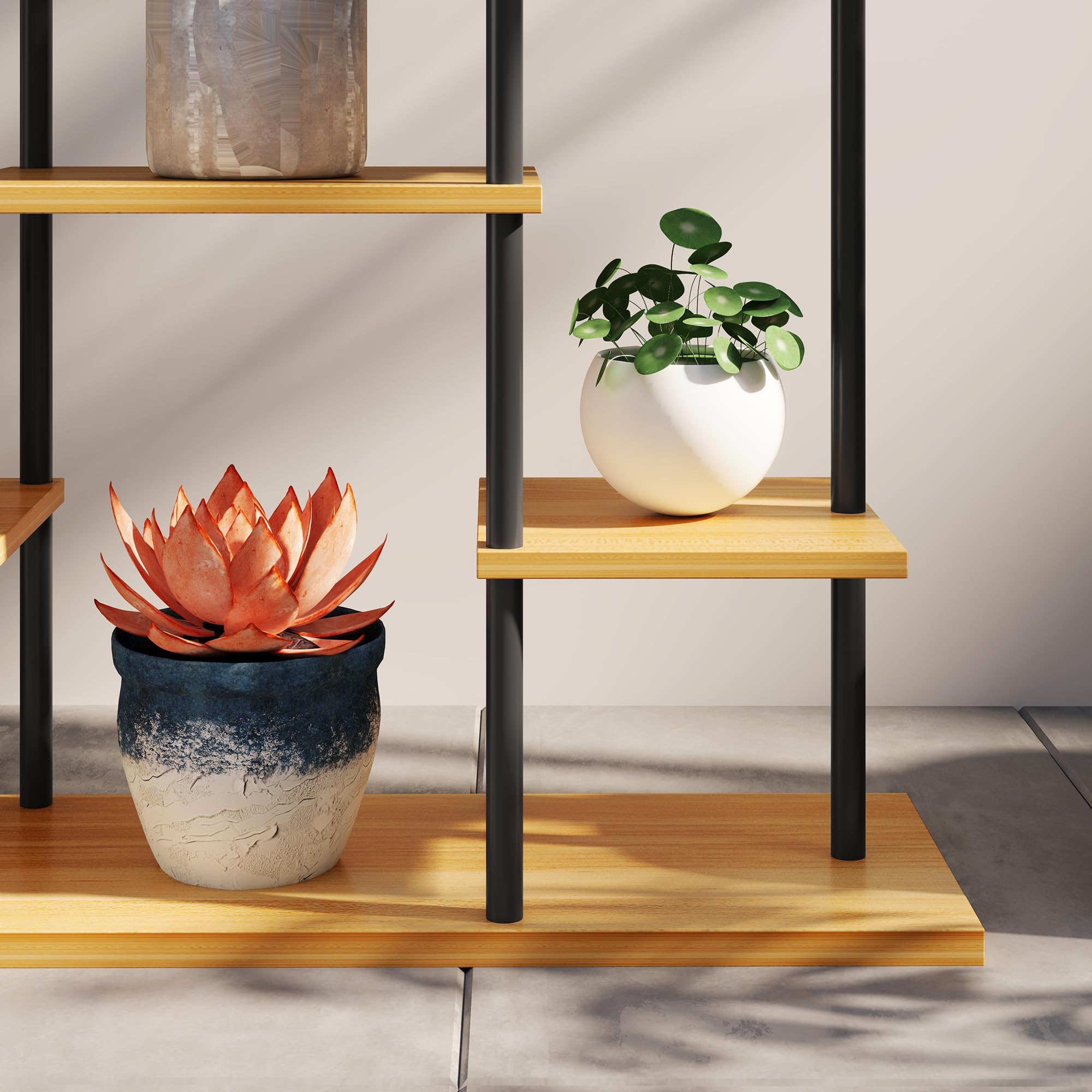 Outsunny Support plantes intérieur, étagère plante à 6 niveaux, cadre en acier base en bois massif, porte plante pour salon, balcon, jardin, bois naturel