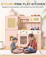 Vista 2 de Babytronic Wooden Kitchen Playset for Kids - Pink Pretend Play Kitchen with Lights & Sounds, Retro Style Toy Kitchen for Toddlers Ages 3+, Wooden