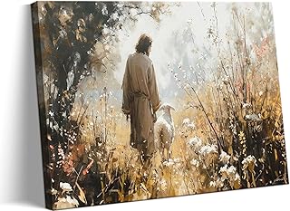 Jesus Leaves The 99 Sheep Canvas Wall Art, Christian Jesus Lamb Wall Decor Paintings, Lost Sheep Religious Bible Posters Prints Pictures for Church Living Room Bedroom 12x16 Inch Framed