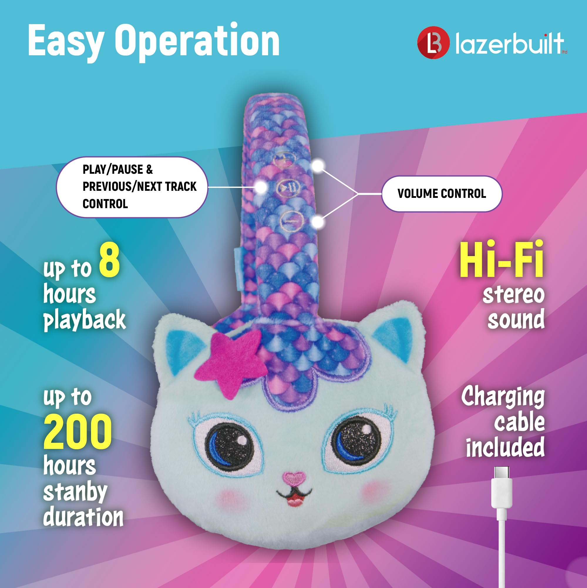 Gabby's - Cuffie Bluetooth per casa delle bambole con portata di 10 metri, controllo del volume, morbidi cuscinetti auricolari in peluche con archetto regolabile, pulsanti Play/Pausa/Volume/Skip e 200