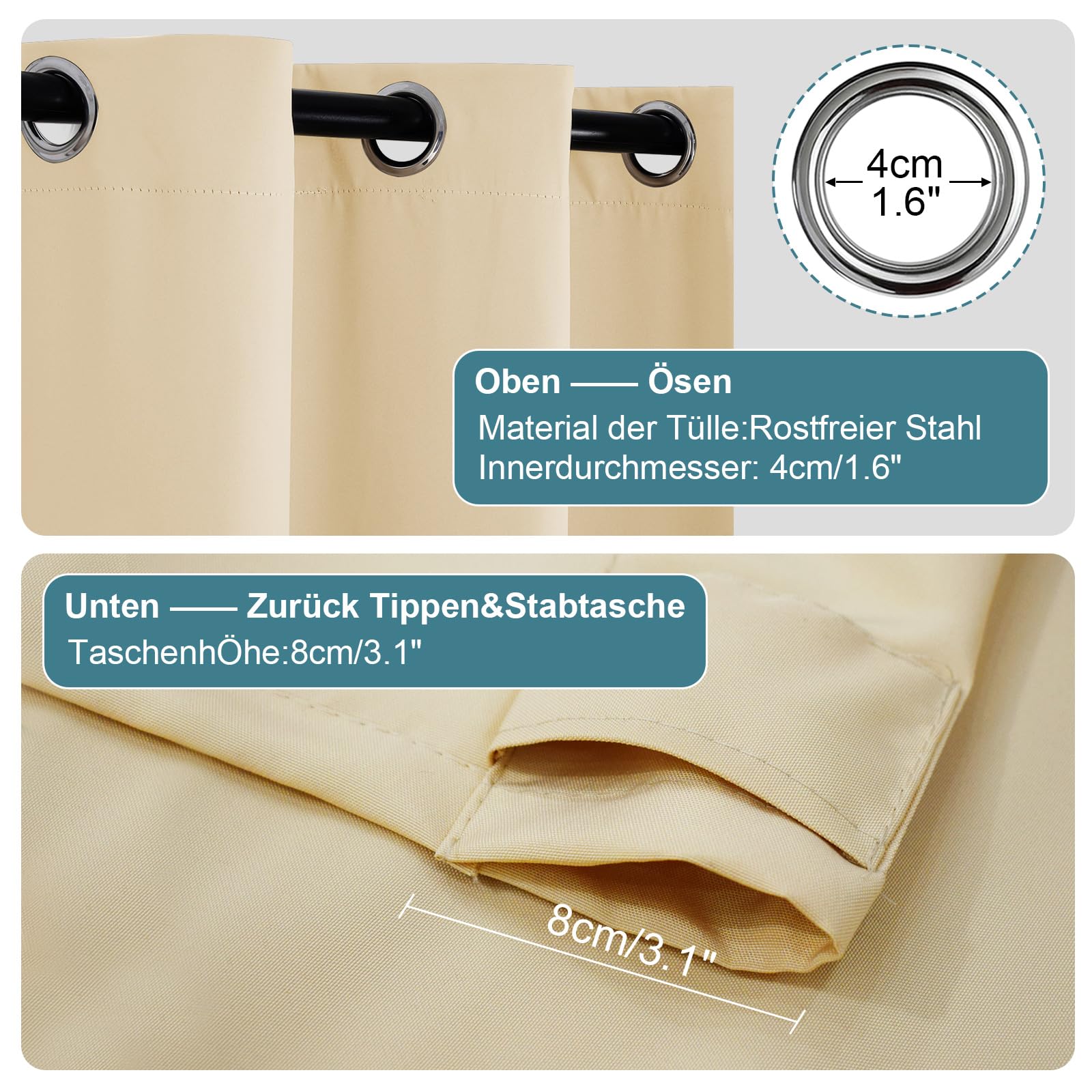 Rosnek Rideau Extérieur Imperméable, Rideaux Occultant avec Corde Thermiques Anti Chaleur Anti UV, Beige Rideau Extérieur avec Onglet en Haut pour Pergola, Gazebo etc L 132 x H 213 cm, Lot de 2