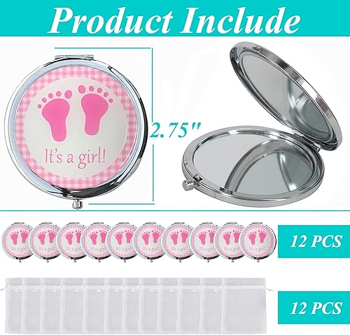 Miniatura 2 de 12 piezas de espejo compacto para baby shower, color rosa, diseño de pies de bebé, espejos de maquillaje, regalo para invitados