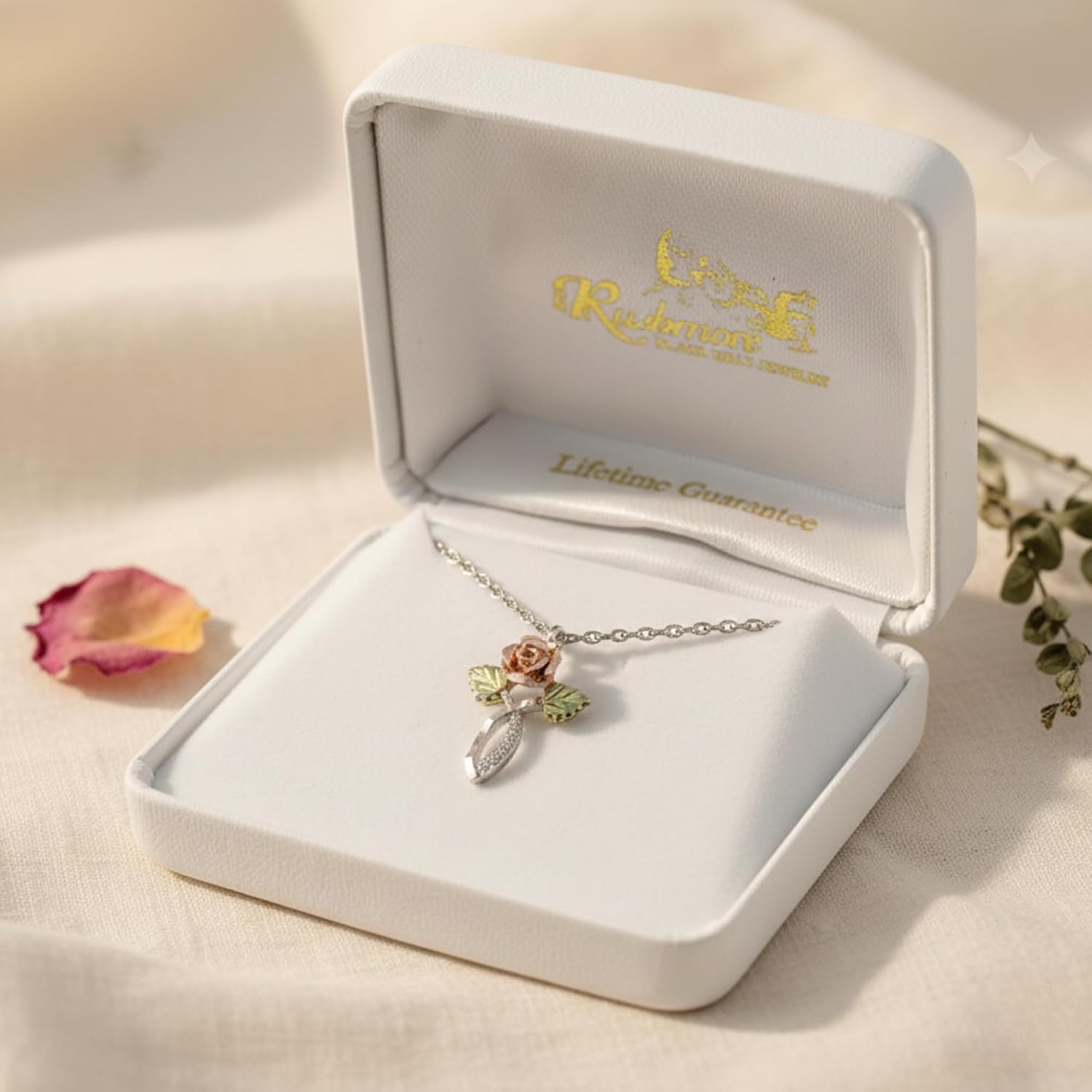 Rose Cross Pendant Necklace for Women, Sterling Silver with 12k Green & Rose Black Hills Gold, 18" Chain, Hand-Sculpted Grape Leaves, Rhodium Plated, Hypoallergenic, Gift Box Included
