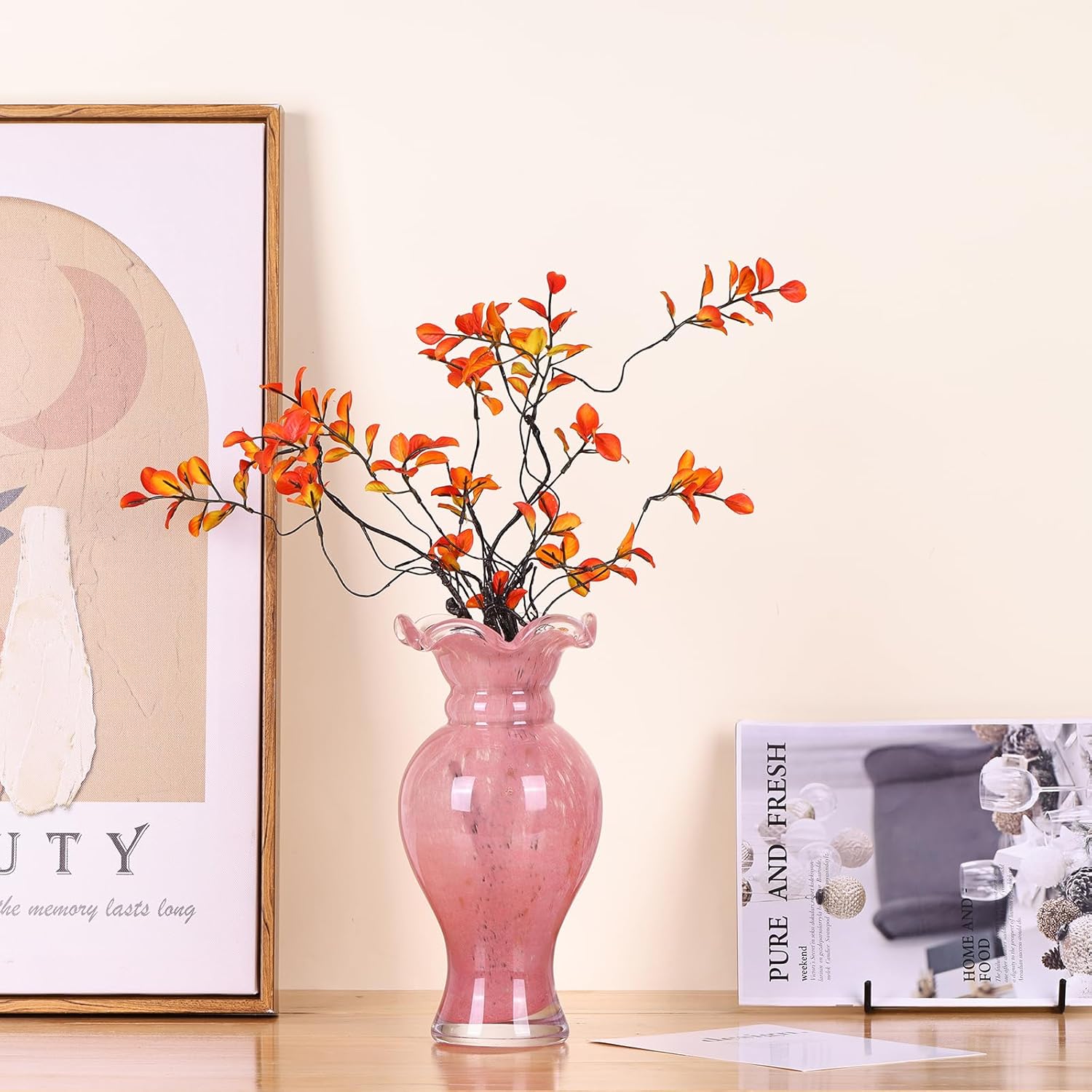 Hand Blown Glass Vase - Pink Glass Vase with Wide Mouth Decorative Centerpiece for Office, Dining Room Table, Mantelpiece and Wedding Table