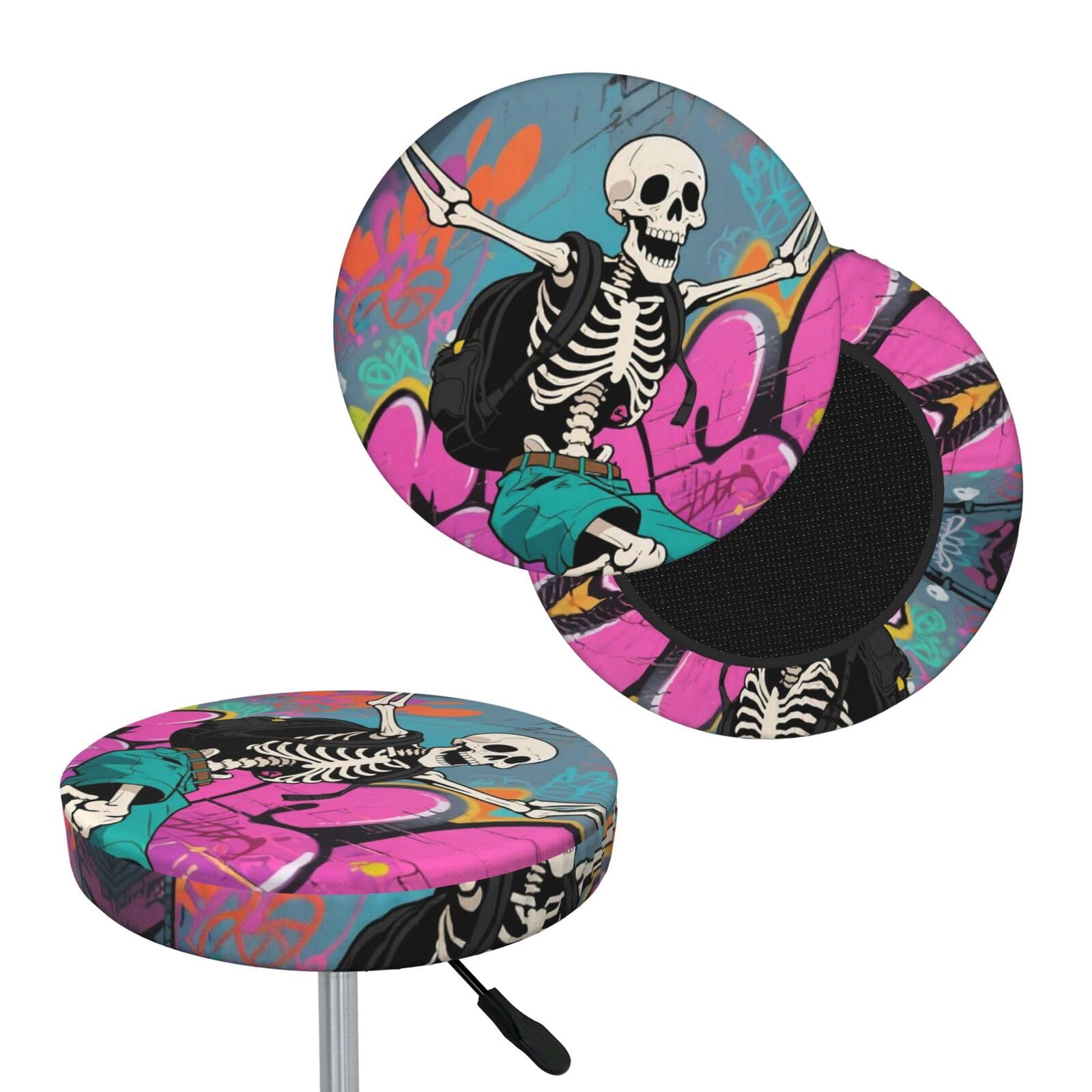 FekiLoot Skateboard Skeleton Skull Round Bar Stool Covers Stretch Washable Bar Stool Covers Dustproof Slipcover Bar Chair Covers with Elastic Band for Bar Kitchen Living Room Decor 13 Inch
