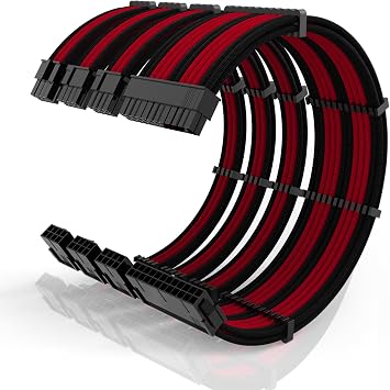 16AWG PSU Cable Extension Kit with Cable Combs,1x24pin ATX/1x8pin4+4 EPS/2x8pin6+2 PC Sleeved Cables 30cm Length,Power Supply Extension Cable KitBlack/Red