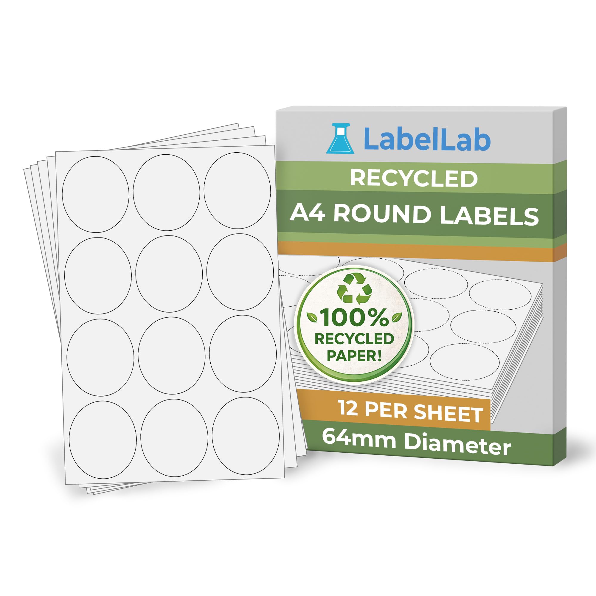 Recycled A4 Round Labels – Printable White Sheet Labels for Inkjet & Laser Printers – Permanent Adhesive – LabelLab (100, 64mm Round Labels)
