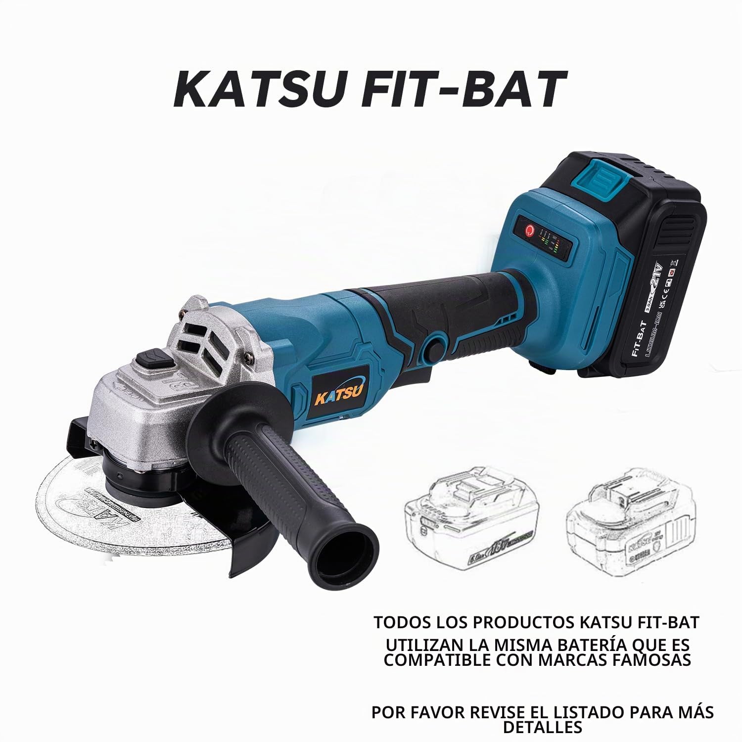 KATSU FIT-BAT 21V Amoladora Angular Inalámbrica Brushless 115mm 125mm Motor sin Escobillas con 3,0 Ah Batería y Accesorios de Adaptador Multiherramienta Oscilante para Cortar Pulir