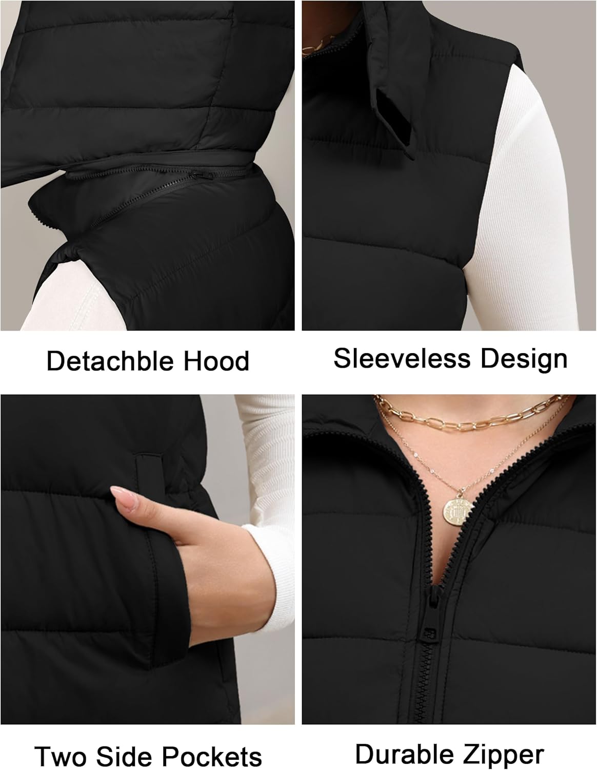 Women's Puffer Vest Detachable Hooded Stand Collar Zip Up Puffy Quilted Vests Outerwear With Pockets Fall Winter - Image 4