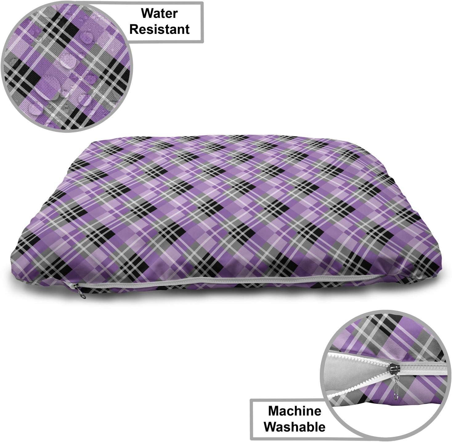 review Ambesonne Plaid Pet Bed, Continuous Print of Squares Lines Stripes Illustration in Purple Tones, Chew Resistant Pad for Dogs and Cats Cushion with Removable Cover, 24