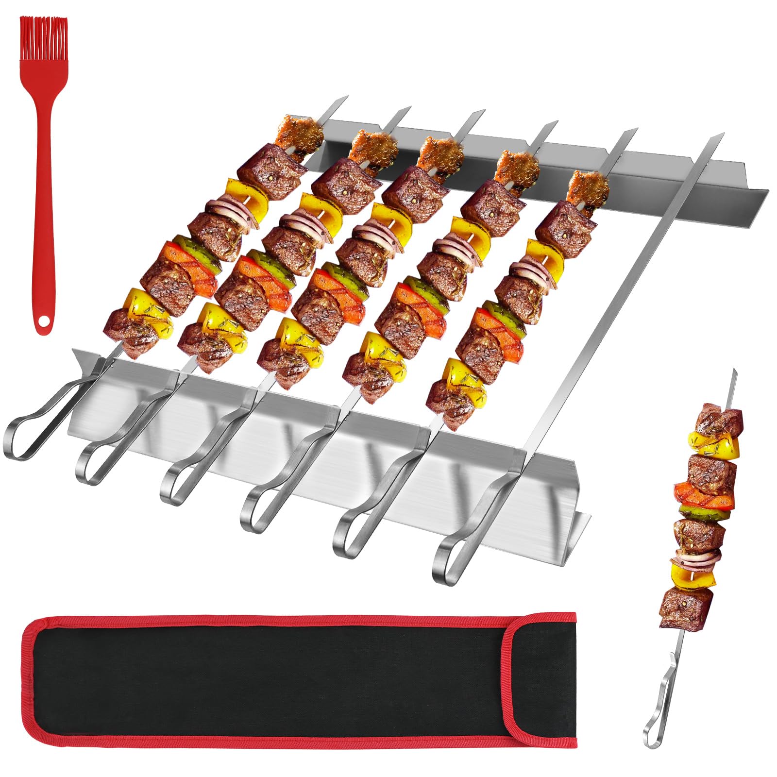 SIMDAO BBQ Skewers Stainless Steel Set with Holder, Kebab Grill Skewers with 6 Barbecue Grill, Meat Skewers Accessories for Meat Shrimp Chicken Vegetable, Gas Grill, Outdoor BBQ