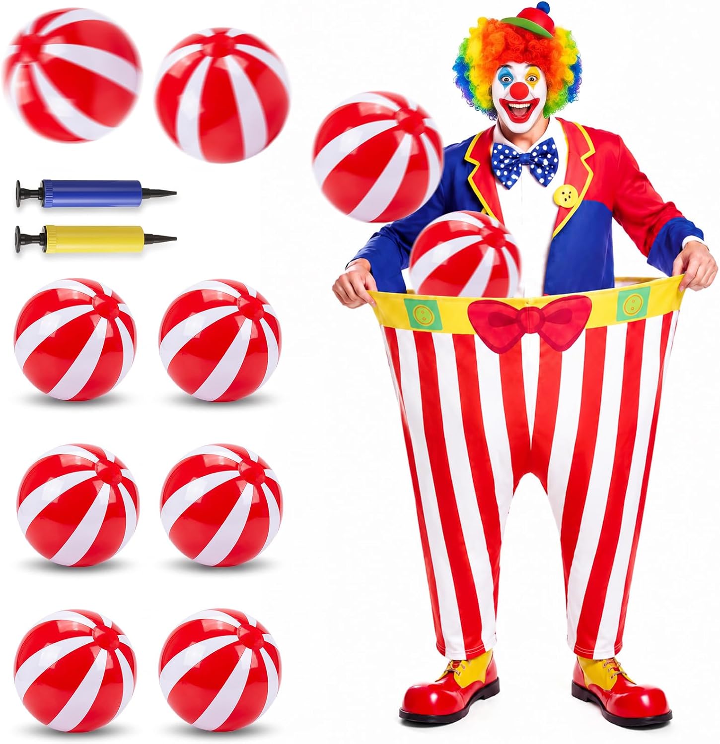 9 Pcs Carnival Circus Party Game for Adult with 1 Giant Pants Granny Pants 6 Red White Stripe Inflatable Beach Balls and 2 Pumps, Funny Relay Race Yard Game for Party School Outdoor Backyard