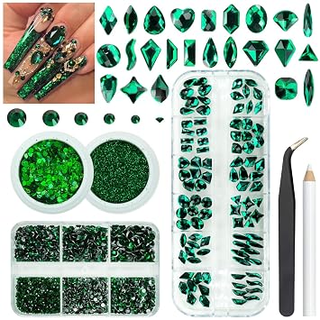 qiipii 4 Boxes Emerald Green Rhinestones Glitters 24 Shapes K9 Glass Gems Stones Flatback Round Diamonds Crystals Nail Art Charms Supplies for Nails Faces Eyes Makeup Body DIY Crafts Tumblers Bottles