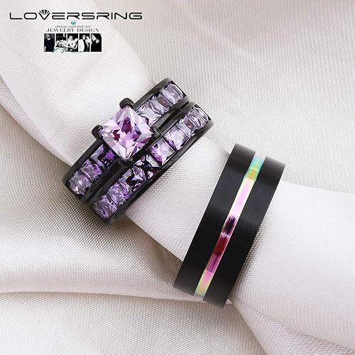 Miniatura 6 de LOVERSRING Juego de anillos de novia para mujer, chapado en oro negro con circonita cúbica para hombre, carburo de tungsteno, anillo de boda