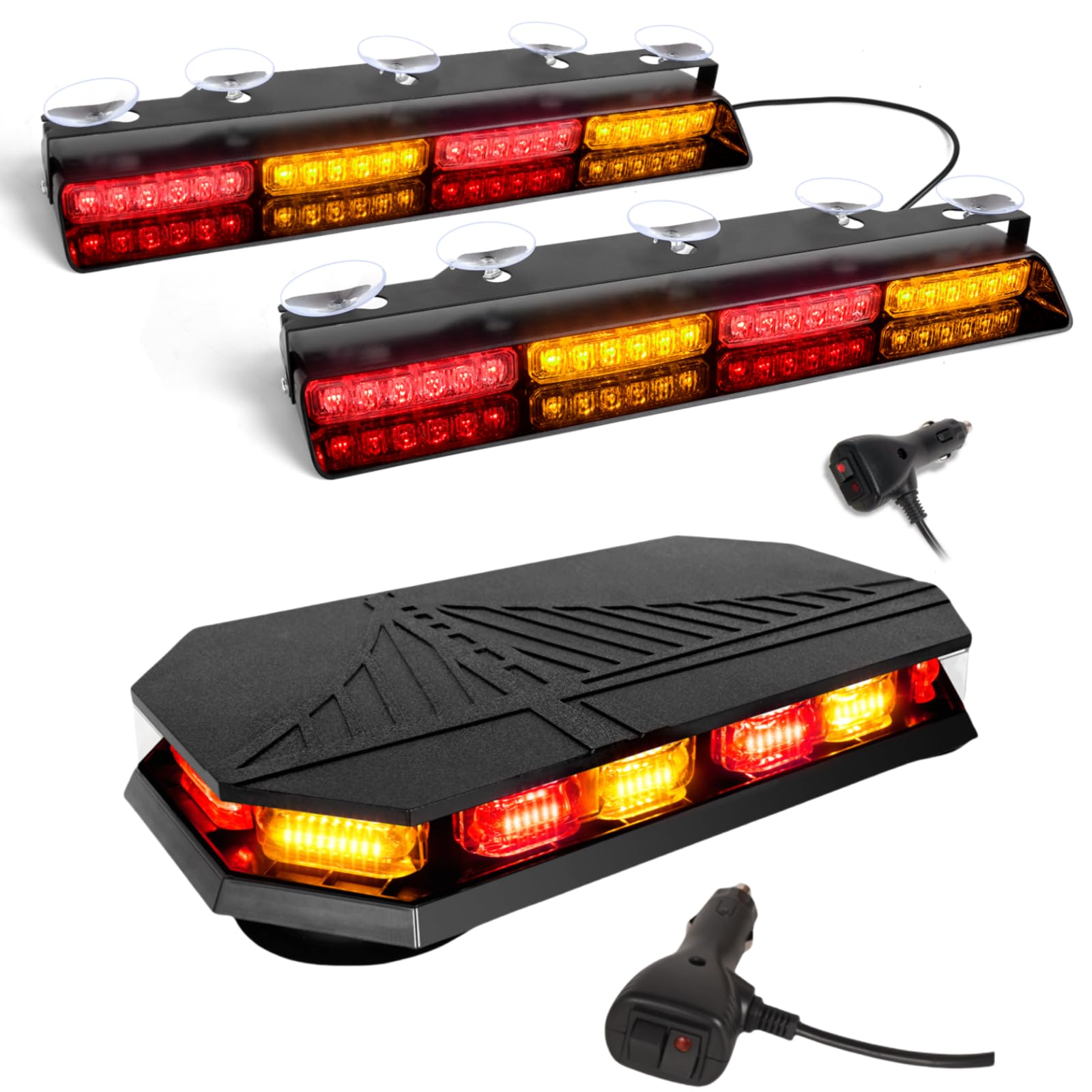 HLautoBundle-2 Items: 6Z4J Emergency Dash Strobe Lights, 2x16.8 inch Amber Red Safety Lights + 406D Rooftop Emergency Strobe Lights Bar, 102 LED Amber Red Flashing Warning Lights w/Magnetic Base