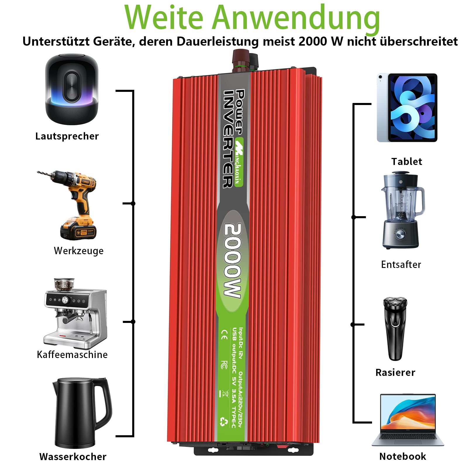 2000W Wechselrichter 12V auf 230V Spannungswandler Konverter Power Inverter Spitzenleistung 4000W mit EU Steckdosen, USB/Type-C und LED Anzeige, Umwandler für LKW Camping Haushaltsgeräten