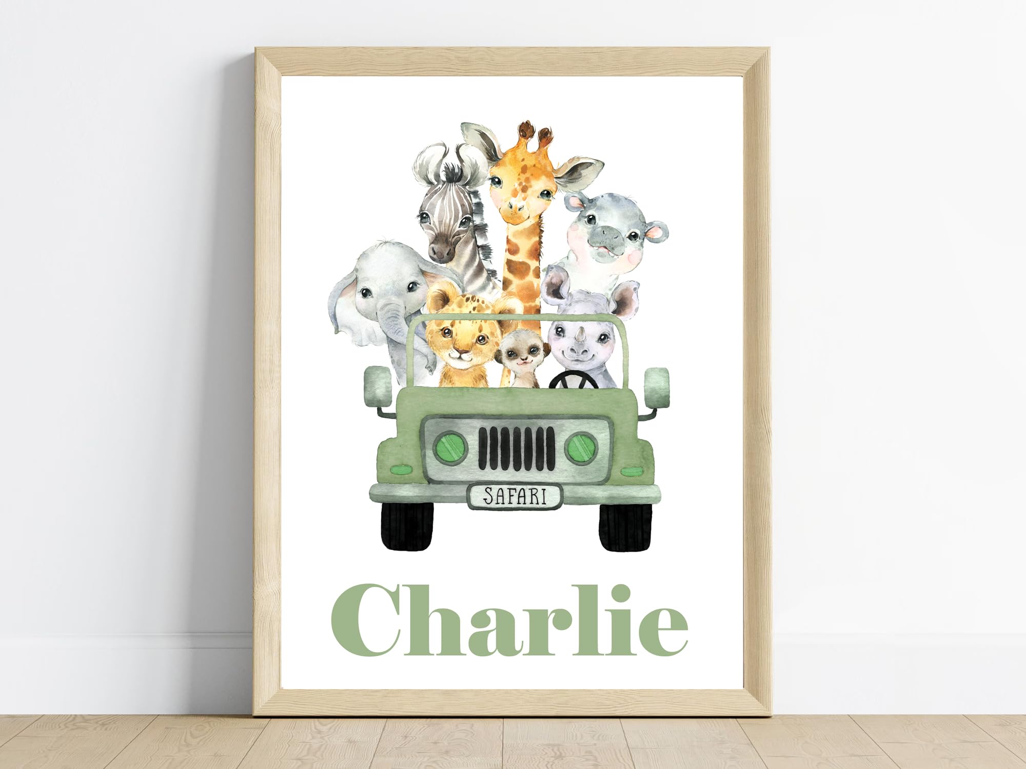 Hodge Creations Personalised Safari Animal Car Nursery Bedroom A3 Unframed Print Name Wall Art Decor Picture Poster New Baby Gift Present Select Size Below A5 A4 A3
