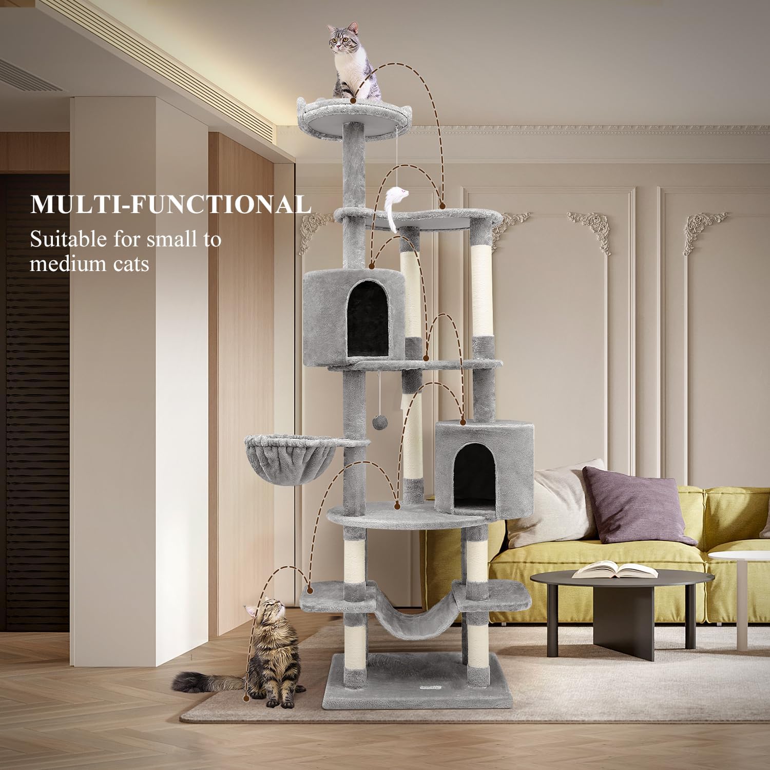 review C81 Max Tall Cat Tree Tower for Large Cats | 81'' Multi-Level Activity Center for Multi-Cat Homes with Hammock, Cozy Perches, Enclosed Condo, Scratching Posts, and Anti-Tip Kit, Light Grey