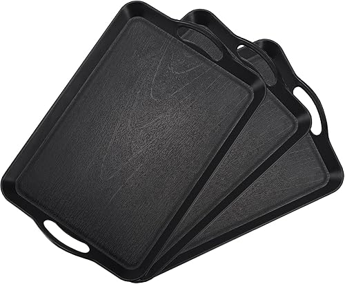 Bandeja de plástico para servir con asas, paquete de 3 bandejas para servir desayunocafé, juego de platos para servir, negro, 20 x 13 pulgadas