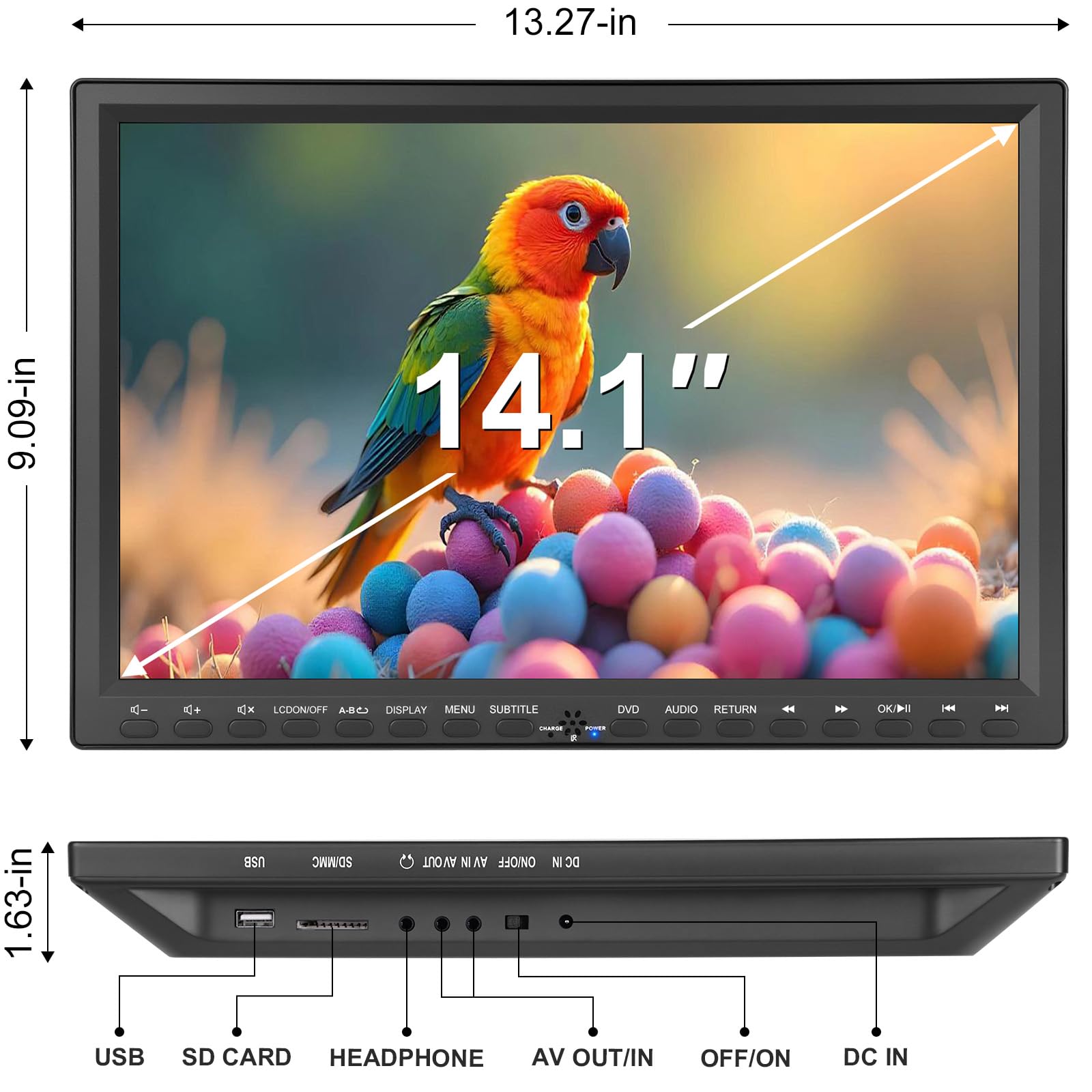 HotHat Lecteur DVD portable pour voiture, grand écran de 14,1", support pliable en acier inoxydable, support d'appui-tête, vidéo MP4 720p, USB/SD 500 G, sans région, entrée AV/sortie, haut-parleur