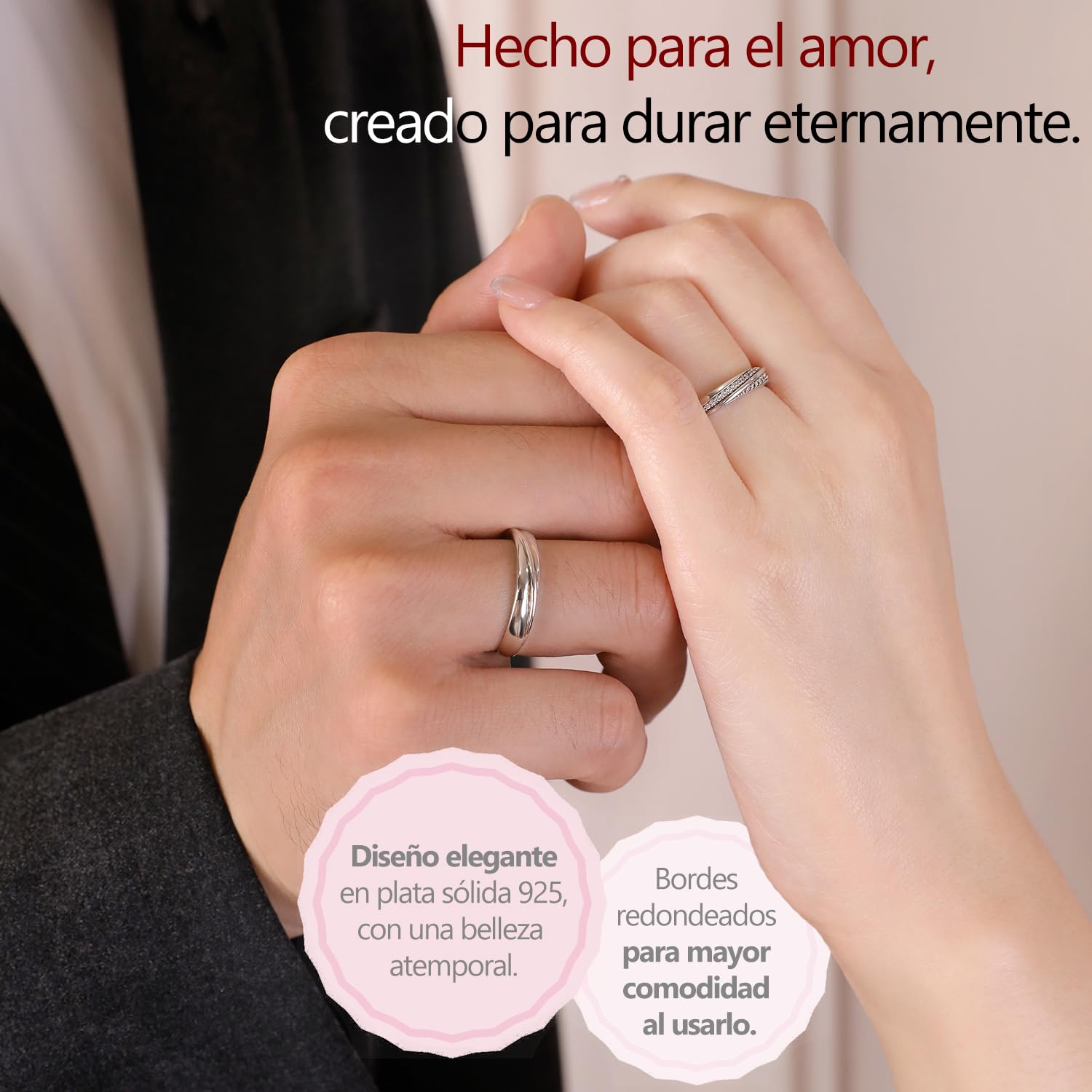 Meissa Anillo de pareja plata 925 Anillo de compromiso Anillos ajustables Joyería de boda hecha a mano Anillos de banda tamaño 4-21,25 (Grabado)
