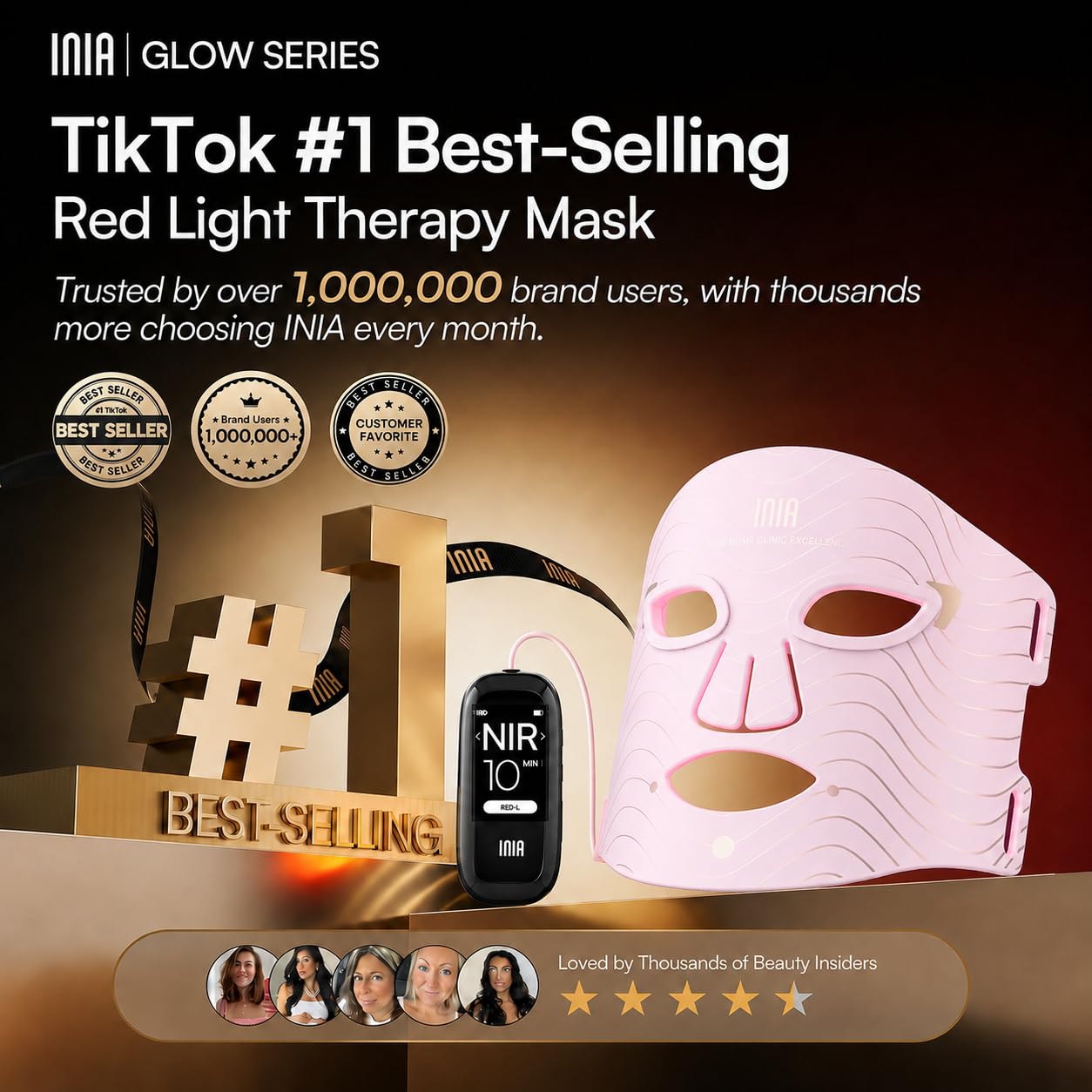 INIA Red Light Therapy Mask for Face, 850nm NIR, Red/Blue LED Light 4 Modes