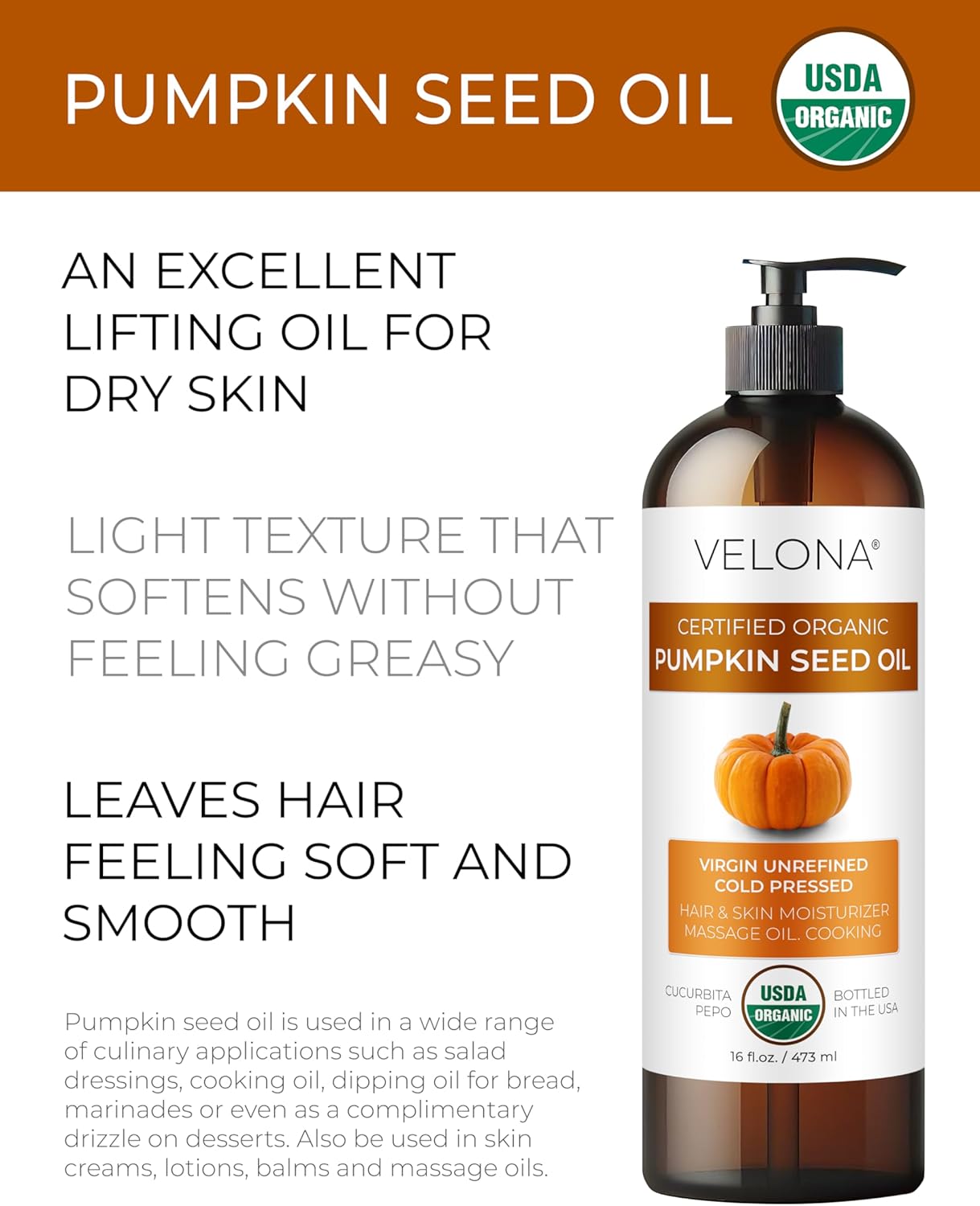 velona Pumpkin Seed Oil USDA Certified Organic - 16 Fl Oz | 100% Pure and Natural Carrier Oil | Unrefined, Cold Pressed | Cooking, Face, Hair, Body & Skin Care | Use Today - Enjoy Result - Image 2