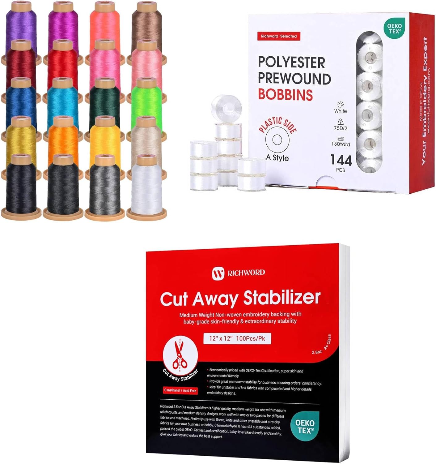 Poolin Embroidery Kit – 20 Color Polyester Thread Set (800M Each) + 144pcs Prewound Bobbins Size A + Cut Away Stabilizer 12"x12" 100 Sheets for Embroidery Machines