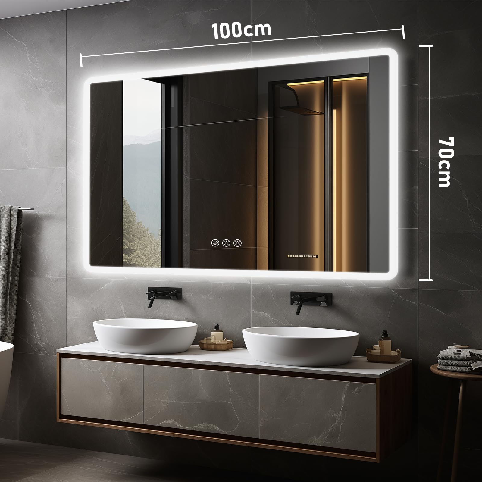 Ratsamee Espejo Baño con Luz 100x70cm, Espejos de Baño con LED con Antivaho, Regulable, 3 Colores Luz, Función Memoria