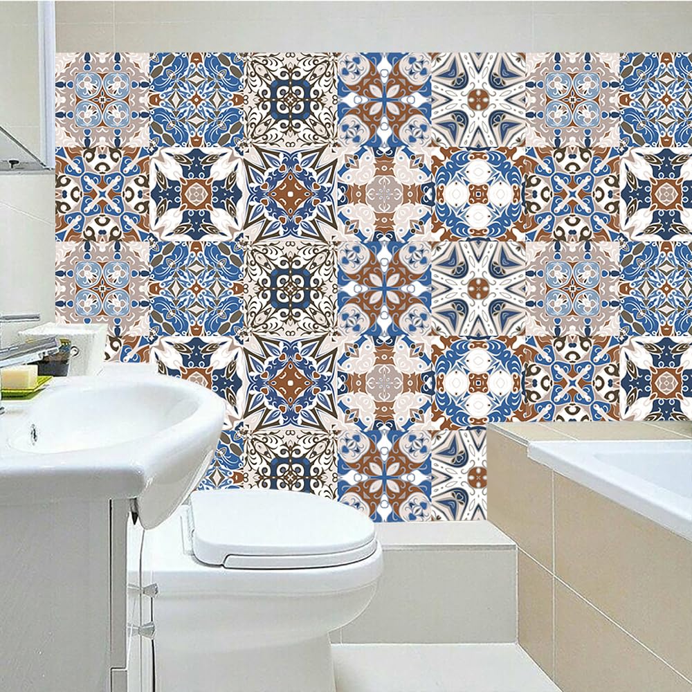 Tile Stickers Moroccan Brown Blue Stick on Tiles Vinyl Self Adhesive Wall Tiles Oil-Proof Tile Stickers for Kitchen Tile Stickers for Bathroom Waterproof Stick on Wall Tiles 10 Pcs/20x20cm