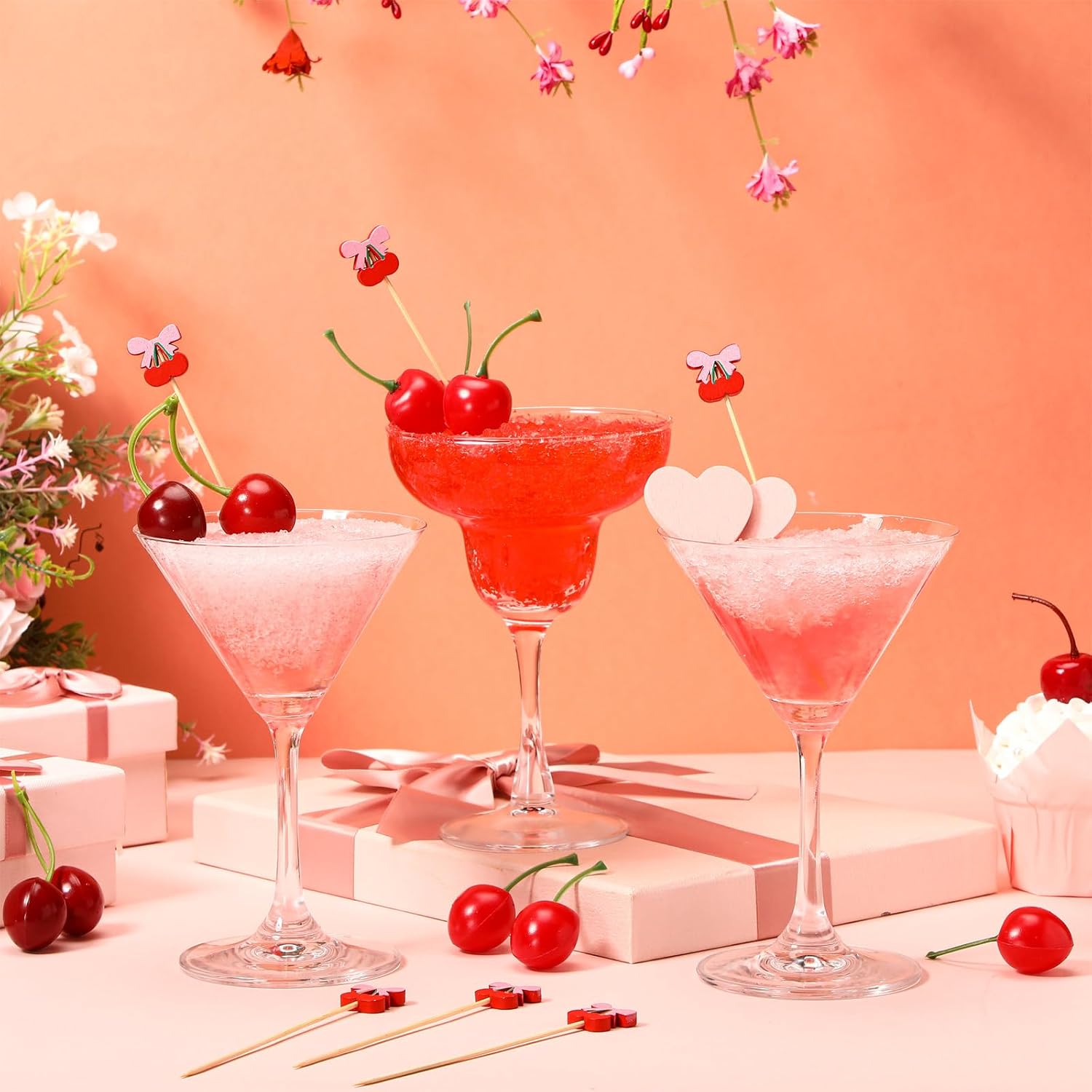 Bokon 200 Pcs Cherry Bow Cocktail Picks Pink Bow Valentines Galentines Day Party Favors Coquette Bamboo Toothpicks Drink Fruit Appetizers for Wedding Holiday Birthday Bachelorette Supplies