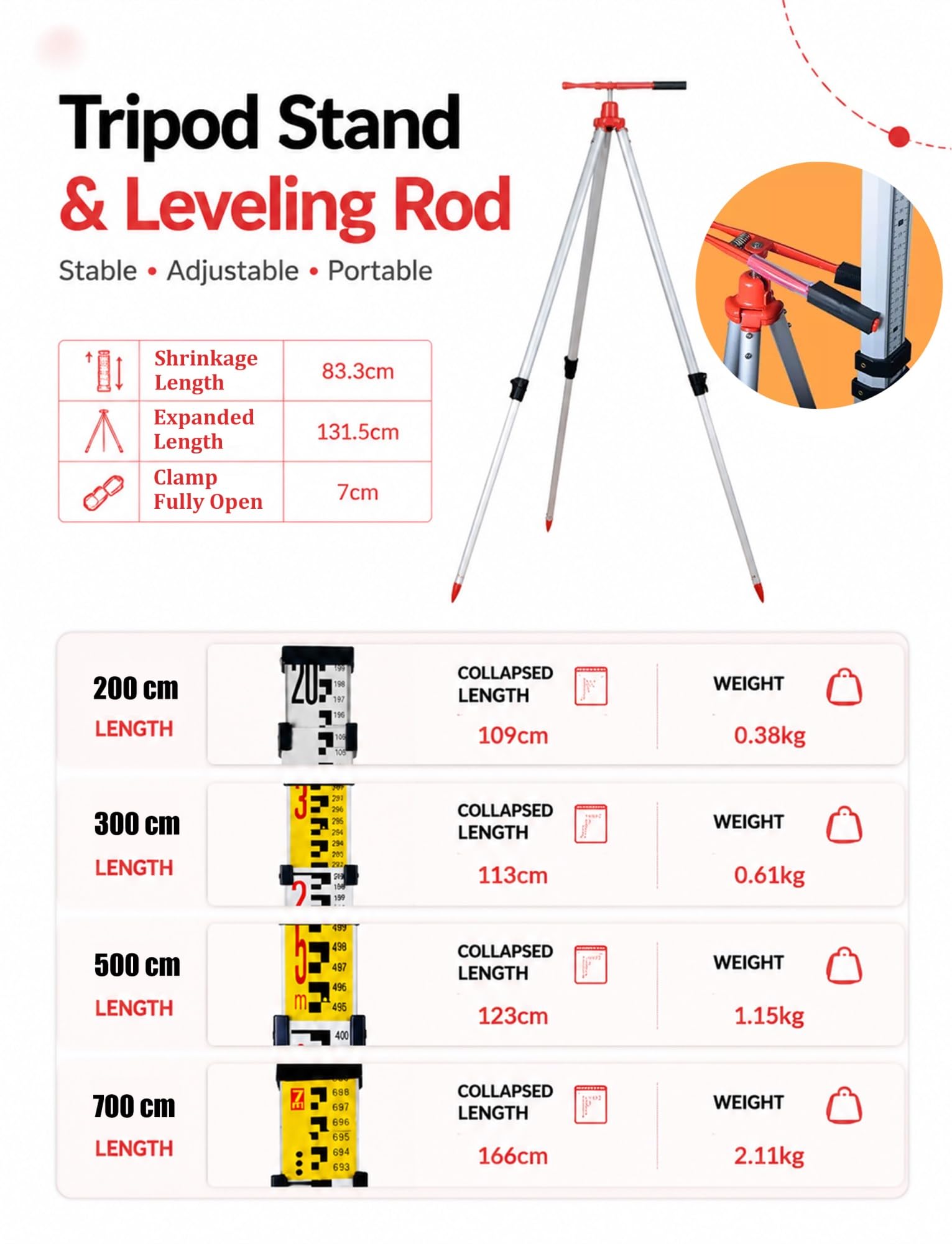 Mira telescópica de Aluminio con trípode (Escala métrica) para topografía y construcción.