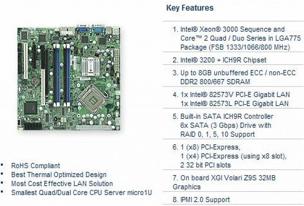 Supermicro X7SBL-LN2-B LGA775 Intel 3200 FSB 1333 V 2GbE MATX Server Motherboard Bulk