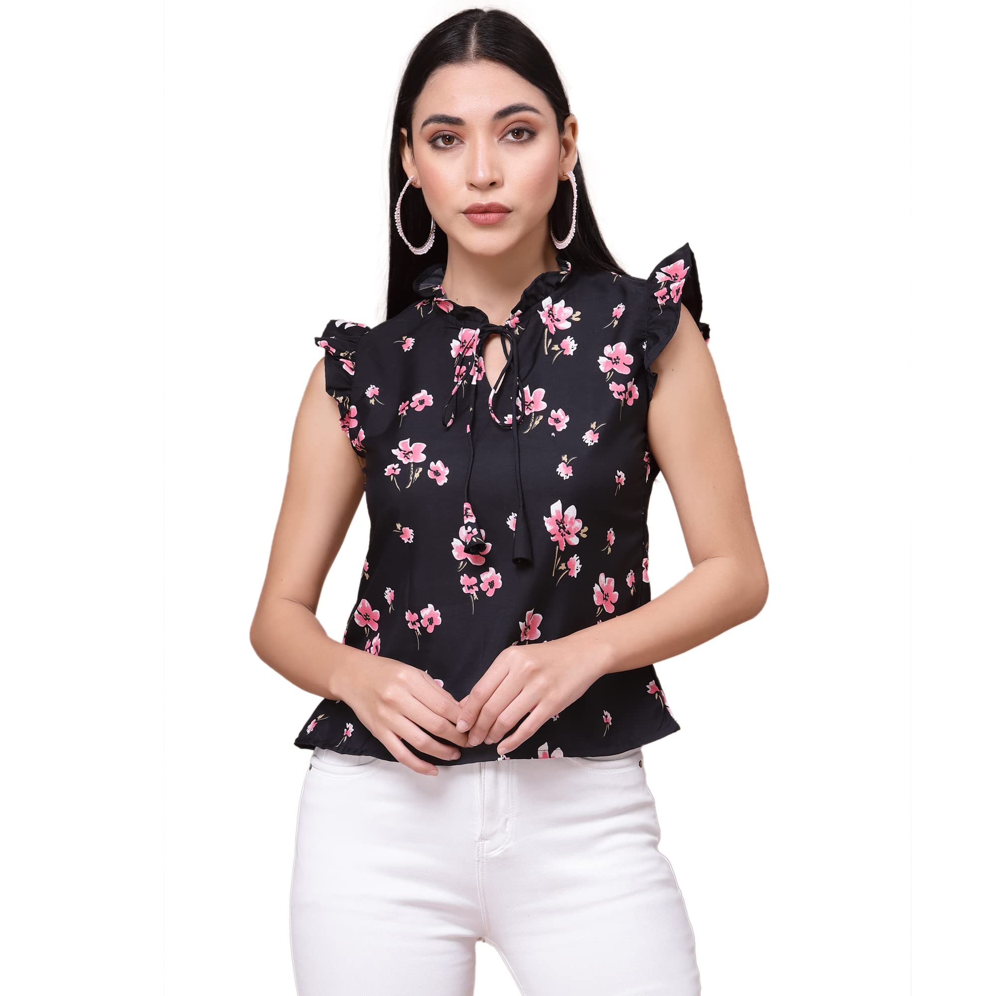 OOMPH! Women's Crepe Printed top with Tie Neck and Ruffle Sleeve, 44