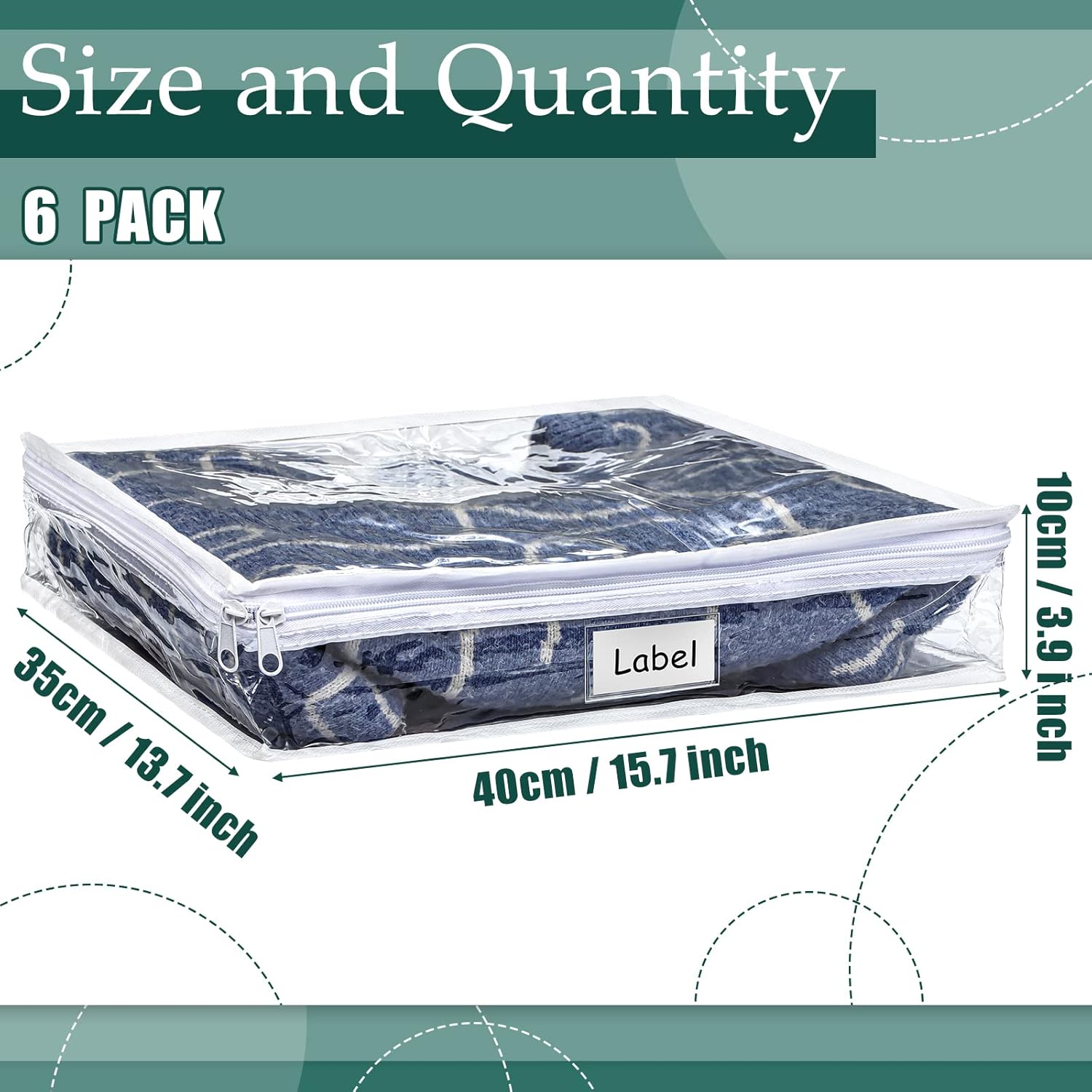 Hoolerry 6 Pieces Sweater Storage Bags Plastic Clear PVC Clothes Storage Bags with Zipper and Label for Blankets Clothes Closet Quilt Pillow Bed Sheet Organizer(15.7 x 13.7 x 3.9 Inch) - Image 2
