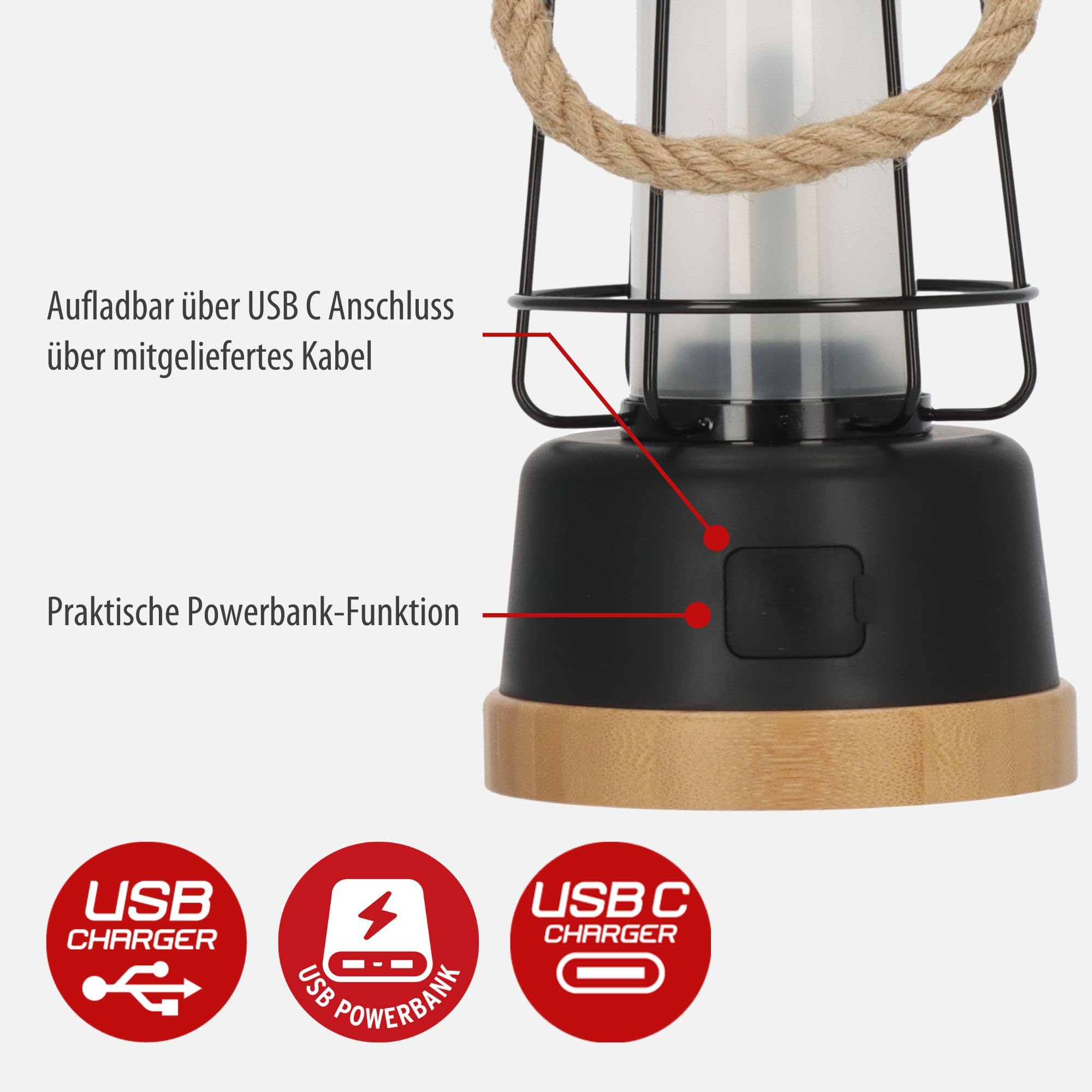 Brennenstuhl Lanterna da campeggio ricaricabile a LED Cal 1 AC (350lm, IP44, durata della luce fino a 75h, dimmerabile, ricaricabile USB C, luce esterna con corda di canapa e base in bambù)